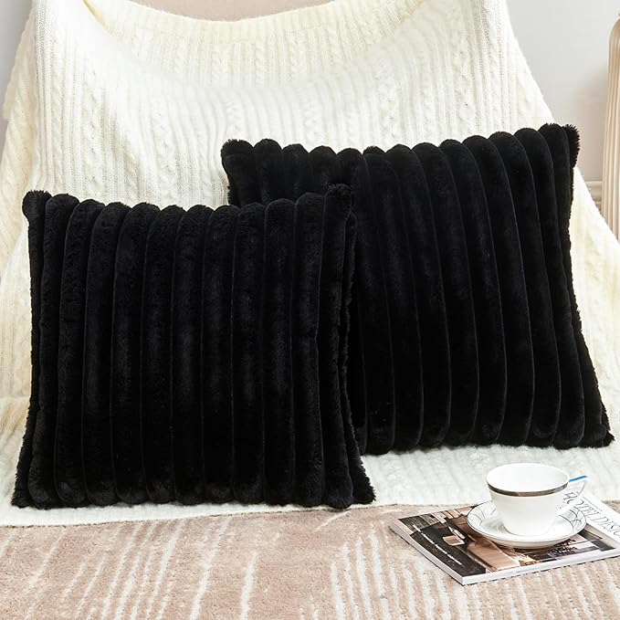 Throw Pillow Covers Decorative Faux Fur Set of 2 20x20 Inch Pillow Covers, Soft Black Striped Pillowcases for Couch Sofa Bed Living Room, Fluffy Cute Home Boho Accent Fuzzy Decor