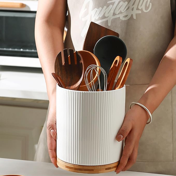 KSENDALO 7.8" Rotating Untensil Holder for Countertop, 360° Jumbo Ceramic Kitchen Organizer Utensil Crock with Rotable Bamboo Base- Modern Countertop Storage for Spatulas & Spoons, Flowers etc, White
