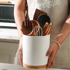 KSENDALO 7.8" Rotating Untensil Holder for Countertop, 360° Jumbo Ceramic Kitchen Organizer Utensil Crock with Rotable Bamboo Base- Modern Countertop Storage for Spatulas & Spoons, Flowers etc, White