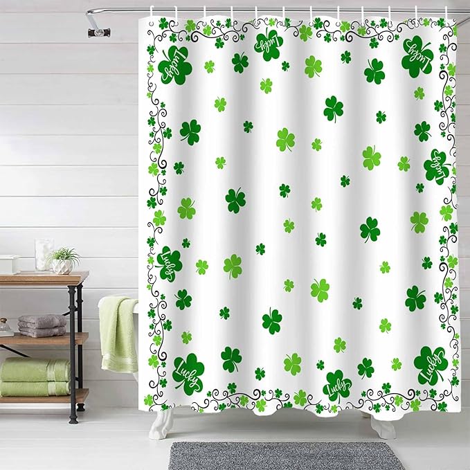 St. Patrick's Day Shower Curtain, Green Shamrock Irish Clover Shower Curtains Set with Hooks, Seasonal Spring Holiday Waterproof Fabric Bathroom Curtains Decor Home Accessories, 60 X 72 Inch Long
