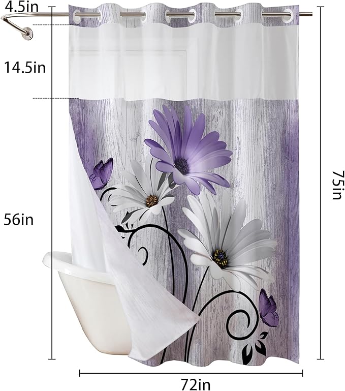 Muuyi Purple Watercolor Floral Shower Curtain,No Hook Shower Curtain,Polyester Shower Curtains with Snap in Fabric,Sheer Top Window for Bathroom Decor,Waterproof & Washable,72W x 75L Inch