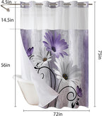 Muuyi Purple Watercolor Floral Shower Curtain,No Hook Shower Curtain,Polyester Shower Curtains with Snap in Fabric,Sheer Top Window for Bathroom Decor,Waterproof & Washable,72W x 75L Inch