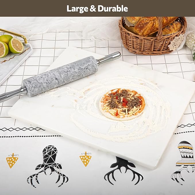 Natural Marble Cutting Board For Kitchen, 16 x 20 Inch White Marble Slab Pastry Board With Non-Slip Feet For Baking, Cheese, Charcuterie, Chocolate, Ares Gold