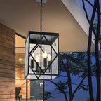 4-Light Outdoor Pendant Light Fixtures Large 15.7'' Black Outdoor Chandelier Metal Cage Exterior Hanging Porch Light w/Glass Shade, Outdoor Pendant Lantern Lamp for Front Porch Balcony Foyer