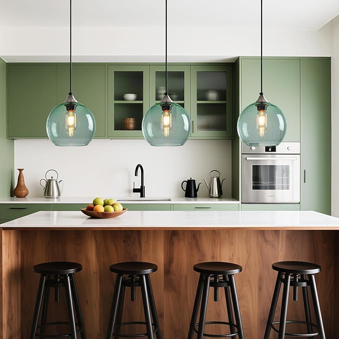 Light Green Glass Pendant Lights Kitchen Island Lighting Globe Pendant Light Fixtures Modern Pendant Lighting for Bedroom Living Dining Room Light Fixture (7.87 in, 2 Pack)