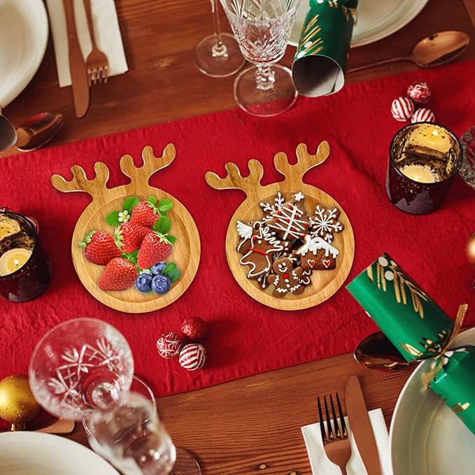 Small Wood Christmas Decor Tray 6" Round Plate MIni Wooden Xmas Cookies Trays Cheese Charcuterie Board Snack Plates for Christmas Holiday Decorations Serving Dish Decorative Dessert Appetizer Platter