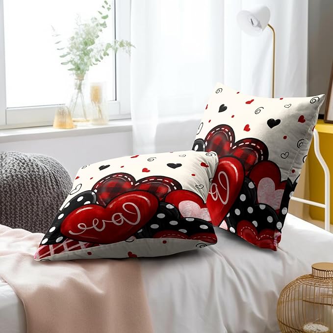 Valentines Day Pillow Covers 18x18 Inch Set of 2, Red Black Plaid Dots Hearts and Love Design Square Pillowcases for Sofa Couch Bed Chair Indoor Outdoor Home Decor