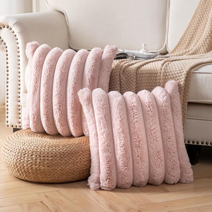 Faux Fur Plush Throw Pillow Covers 20x20 Inch Set of 2 - Luxury Decorative Fuzzy Striped Soft Cozy Pillowcase for Couch, Sofa, Living Room - Pink