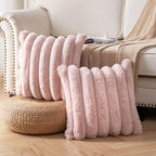 Faux Fur Plush Throw Pillow Covers 20x20 Inch Set of 2 - Luxury Decorative Fuzzy Striped Soft Cozy Pillowcase for Couch, Sofa, Living Room - Pink