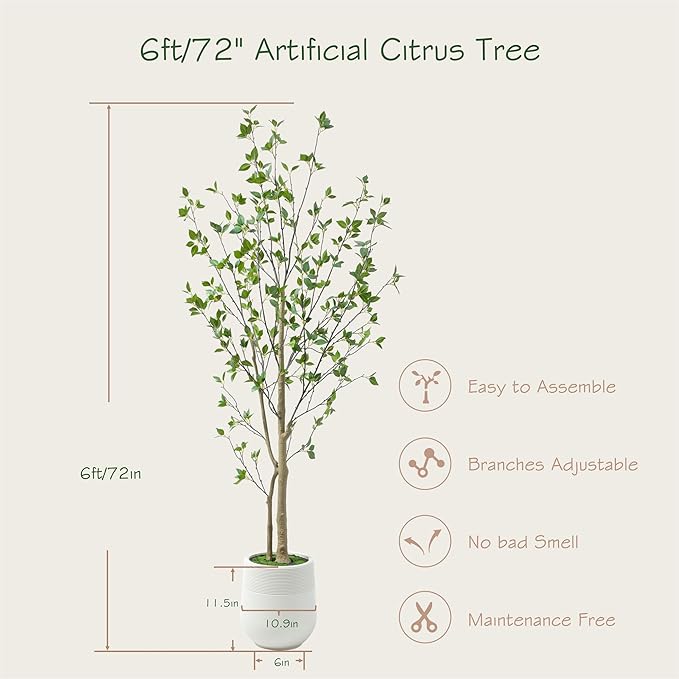 Bellacat 6ft Minimalist Artificial Citrus Tree with Large Exquisite Planter, 72in Faux Citrus Tree with Realistic Leaves, Faux Tree Indoor Outdoor for Home Office Living Room Bedroom Porch Decor.