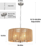 Boho Large Rattan Chandelier, 5-Lights Woven Pendant Light Fixture, 19" Dining Room Light Fixture Farmhouse Nickel Vintage Chandeliers Hanging Light for Living Room Kitchen Entryway Hallway Foyer