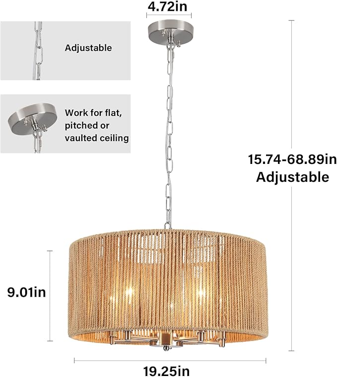 Boho Large Rattan Chandelier, 5-Lights Woven Pendant Light Fixture, 19" Dining Room Light Fixture Farmhouse Nickel Vintage Chandeliers Hanging Light for Living Room Kitchen Entryway Hallway Foyer