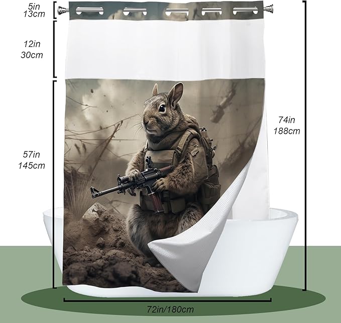 Cute Squirrel Shower Curtain Abstract Anime Theme Shower Curtain with Snap in Fabric Liner Set, Detachable Liner, See Through Mesh Top Window, Waterproof Washable 72" W x 74" H