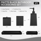 Bathroom Set - Black Bathroom Accessories Set, 5PCS Ceramic Bathroom Accessory Set, Bathroom Sets with Soap Dispenser, Toothbrush Tumbler, Soap Dish, Q-tip Holder & Vanity Tray