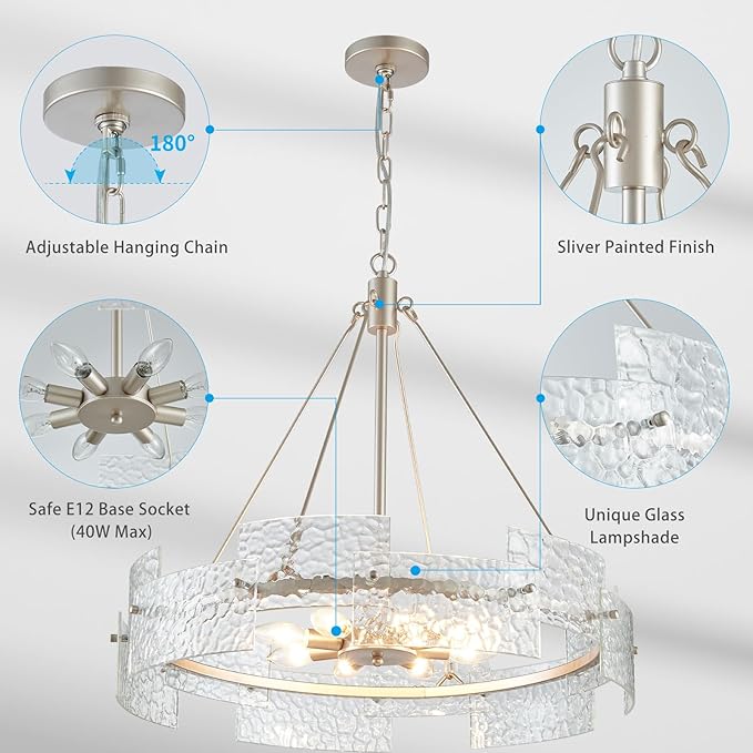 XINGQI Large 8-Light Modern Silver Glass Chandelier 26" Drum Light Fixture Round Water Ripple Pendant Lighting for Dining Room Living Room Kitchen Island Office