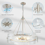 XINGQI Large 8-Light Modern Silver Glass Chandelier 26" Drum Light Fixture Round Water Ripple Pendant Lighting for Dining Room Living Room Kitchen Island Office