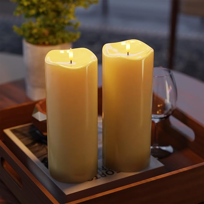 2pack 4"*10" Waterproof Outdoor Flameless Candles with Remote & Timer, Plastic Battery Operated LED Flickering Pillar Candles for Camping, Weddings, Ivory