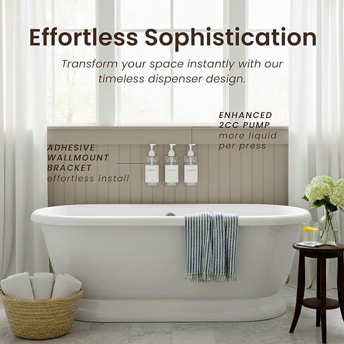 MaisoNovo Shampoo and Conditioner Dispenser - Shower Soap Dispenser Wall Mounted - 16.9 fl oz Set of 3 Clear Plastic Bottles White Pump - Shampoo Dispenser, Shower Dispenser 3 Chamber No Drill