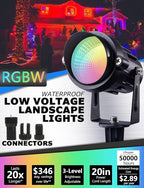 SUNVIE 24 Pack Halloween RGBW Low Voltage Landscape Lights 12W LED Color Changing Landscape Lighting with Remote Control and Wire Connectors, AC/DC 12V-24V Waterproof Outdoor Spotlight for Yard Garden