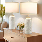 23.5" Ceramic Table Lamps for Living Room, Modern Cream White Table Lamps for Bedrooms Set of 2, Vintage Ceramic Lamps for Night Stands, White Shade Retro Nightstand Lamps for Bedroom