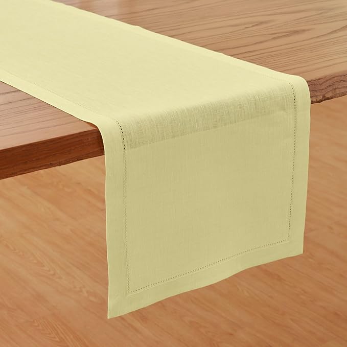 Solino Home Linen Table Runner 108 Inches Long - Milan Hemstitch 100% Pure Linen Butter Yellow Dining Table Runner 14 x 108 Inch