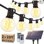 50FT(2x25FT) Solar String Lights Outdoor with Remote, Waterproof Dimmable 3 Modes Patio Lights with 20+2 LED G40 Bulbs for Cafe Bistro-Black
