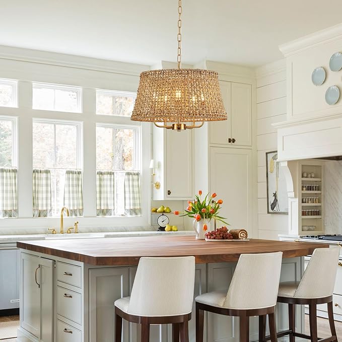 Hand-Woven Rattan Chandelier Vintage Farmhouse Boho Bamboo Chandeliers Light Fixture Retro Drum Wicker Rattan Gold Chandelier for Dining Room, Kitchen, Living Room