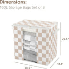 Beige Checkered Clothes Storage Bins, 100L Large Blanket Storage Bags 3 Pack, Closet Organizers and Storage Containers for Comforters, Bedding, Foldable Organizer with Handle