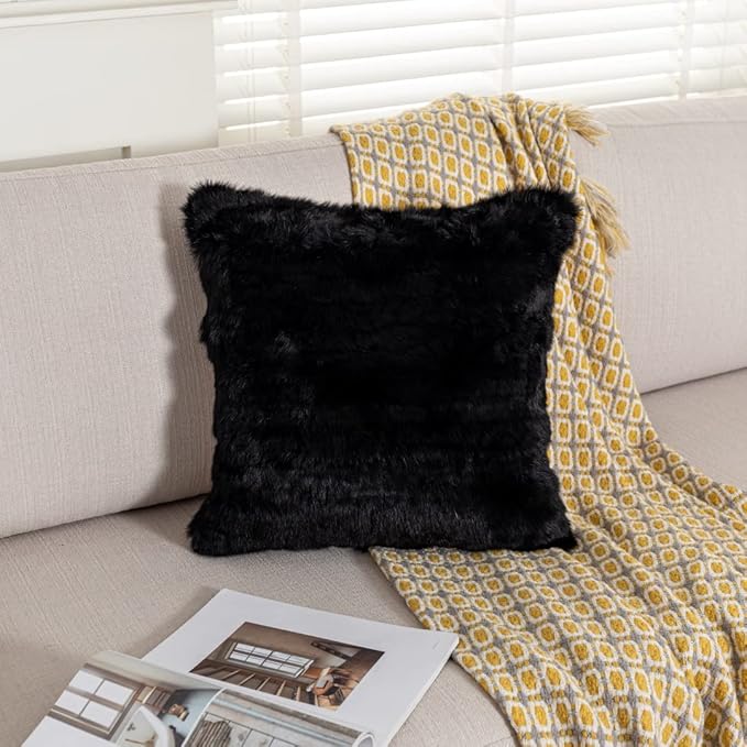 Rabbit Skin Fur Luxury Pillowcases Cushion Cover Soft Throw Cases for Living Rooms Pillow Case Cushion Cover (Black, 50×50cm（20in×20in）)