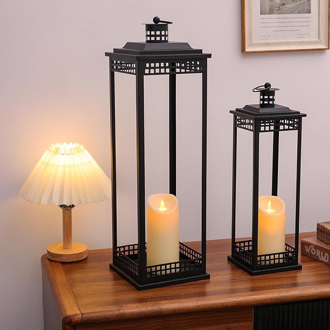 Vintage Lanterns Decorative Outdoor Indoor, 23'' 17'' Set of 2 Black Metal Candle Lantern, Lantern Decor for Retro Living Room, Patio, Fireplace, Porch, Garden, Balcony, Wedding Floor Lantern