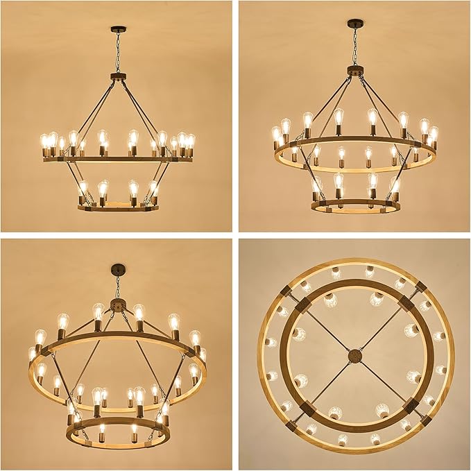 Farmhouse Wagon Wheel Chandelier 43" Wooden Rustic Chandelier 24-Light 2 Tier Extra Large Pendant Light Fixture Round Chandeliers for High Ceiling Foyer Living Room Porch