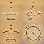 Farmhouse Wagon Wheel Chandelier 43" Wooden Rustic Chandelier 24-Light 2 Tier Extra Large Pendant Light Fixture Round Chandeliers for High Ceiling Foyer Living Room Porch