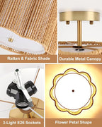 WILON Boho Light Fixture Ceiling Mount, 3-Light Rattan Light Fixture with Fabric Shade, Modern Woven Flower Semi Flush Mount Ceiling Light Fixture for Hallway Entryway Bedroom Nursery Kitchen