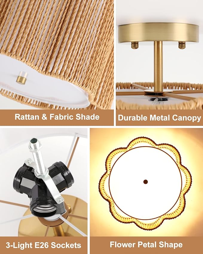 WILON Boho Light Fixture Ceiling Mount, 3-Light Rattan Light Fixture with Fabric Shade, Modern Woven Flower Semi Flush Mount Ceiling Light Fixture for Hallway Entryway Bedroom Nursery Kitchen