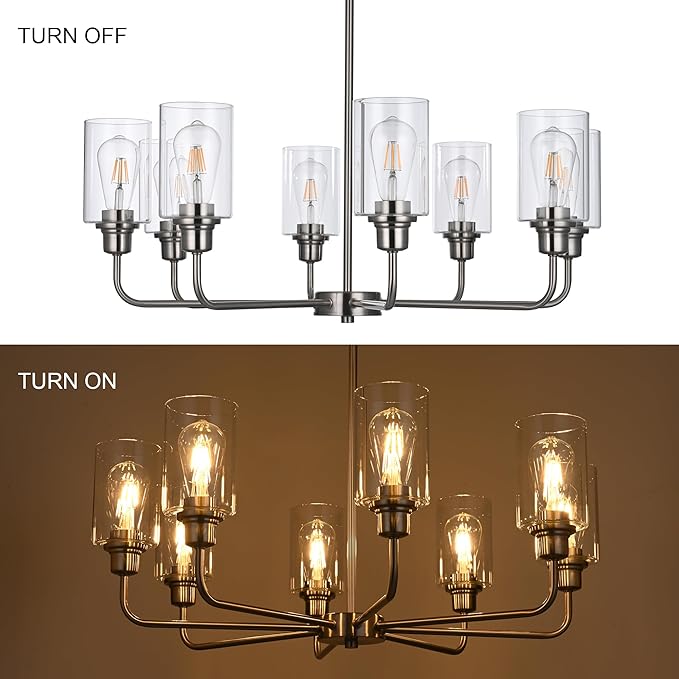 8-Light Brushed Nickel Chandelier with Clear Glass Shades, E26 Base Modern Pendant Light Fixture, Adjustable Swivel Heads Ceiling Lighting, Farmhouse Chandelier for Dining Room Kitchen Hallway