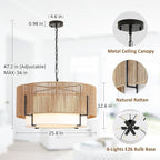 25.6" Large Rattan Chandelier, 6-Light Boho Pendant Light with Fabric Shade, Farmhouse Rattan Hanging Ceiling Light Fixture for Dining Room, Living Room, Kitchen Island, Bedroom, Hallway, Foyer