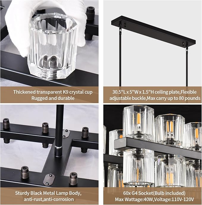 Crystal Black Rectangle Chandelier for Dining Room,L54in Dining Room Chandelier Over Table,Modern Chandelier for Dining Room,Kitchen Island, Over The Dining Table, Includes 60xG4 Bulbs