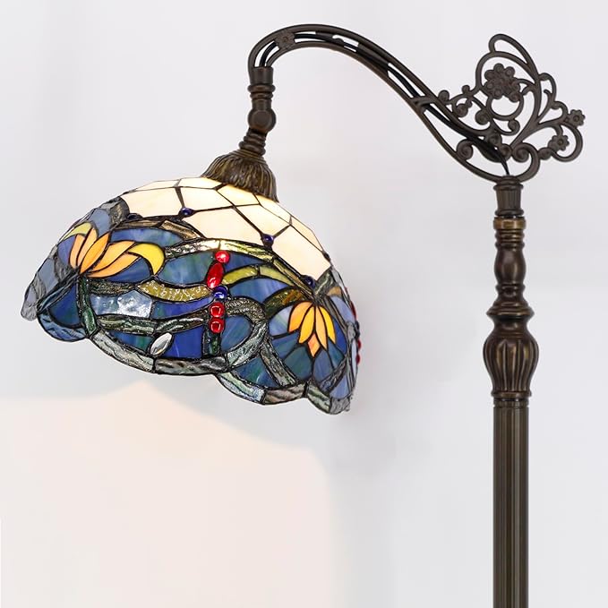 WERFACTORY Tiffany Floor Lamp Blue Lotus Flower Stained Glass Arched Lamp 12X18X64 Inch Gooseneck Adjustable Corner Standing Reading Light Decor Bedroom Living Room S220 Series