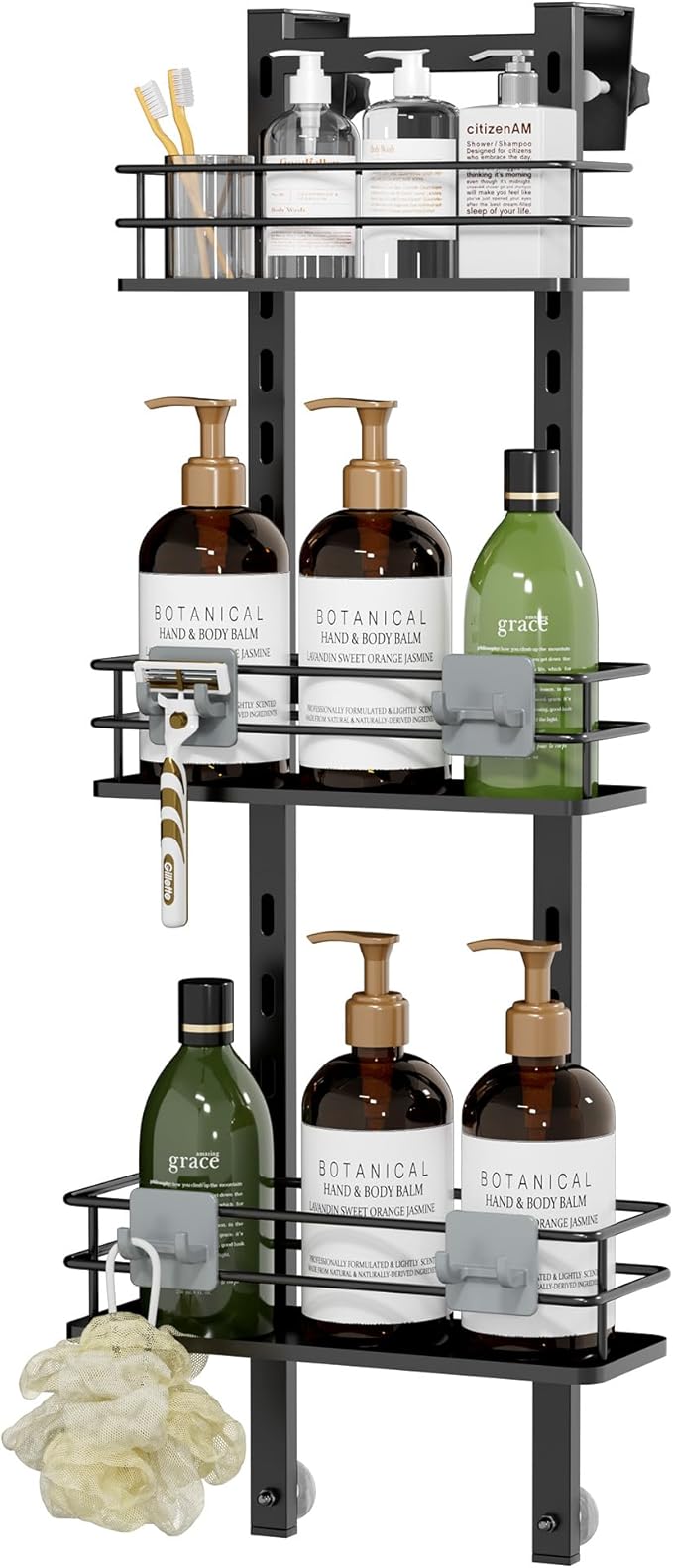Orimade Adjustable Hanging Caddy, Bathroom Organizer Shelf Storage Rack, Rustproof Shower Basket, Matt Black 3 Tier