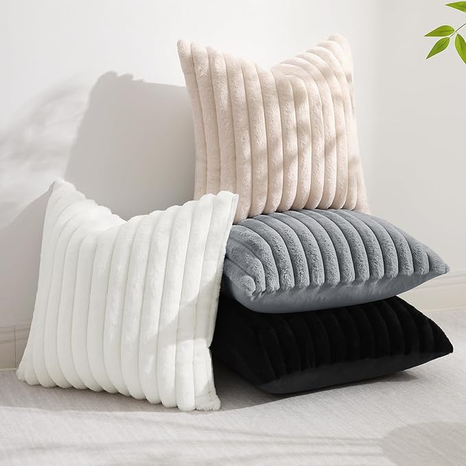decorUhome Faux Fur Christmas Throw Pillow Covers 24x24 Set of 2, Decorative Soft Plush Striped Neutral Couch Euro Pillow Covers with Velvet Back for Sofa, Bed, Living Room Home Decor, White