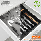 Silverware Organizer - Expandable Kitchen Drawer Organizer BPA-Free Silverware Drawer Organizer, Stackable Cutlery Tray for Forks, Knives, Slim Kitchen Organizers and Storage, Black, Large