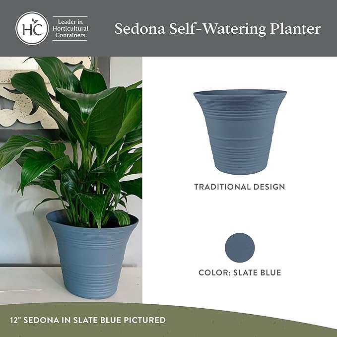 The HC Companies Sedona Round Self-Watering Pot - Lightweight Self Care Planter - Plastic Planter for Herbs & More - Durable Plant Pots for Indoor Plants & Outdoor Plants (7" Slate Blue, Pack of 4)