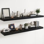 Floating Shelves for Wall with Invisible Brackets, Wall Mounted Engineered Wood Shelves with Wood Grain for Living Room, Bedroom, Bathroom, Kitchen Decor and Storage, Oak, 71"L Set of 2, Black