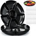 Zhehao 6 Pcs Plastic Divided Serving Trays with 60 Pcs Disposable Fork, 7 Compartments Round Chip Dip Plate, Petal Shape Platter, 10.6'' Snacks Serving Dish for Party Candy Nuts Fruits (Black)