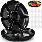 Zhehao 6 Pcs Plastic Divided Serving Trays with 60 Pcs Disposable Fork, 7 Compartments Round Chip Dip Plate, Petal Shape Platter, 10.6'' Snacks Serving Dish for Party Candy Nuts Fruits (Black)