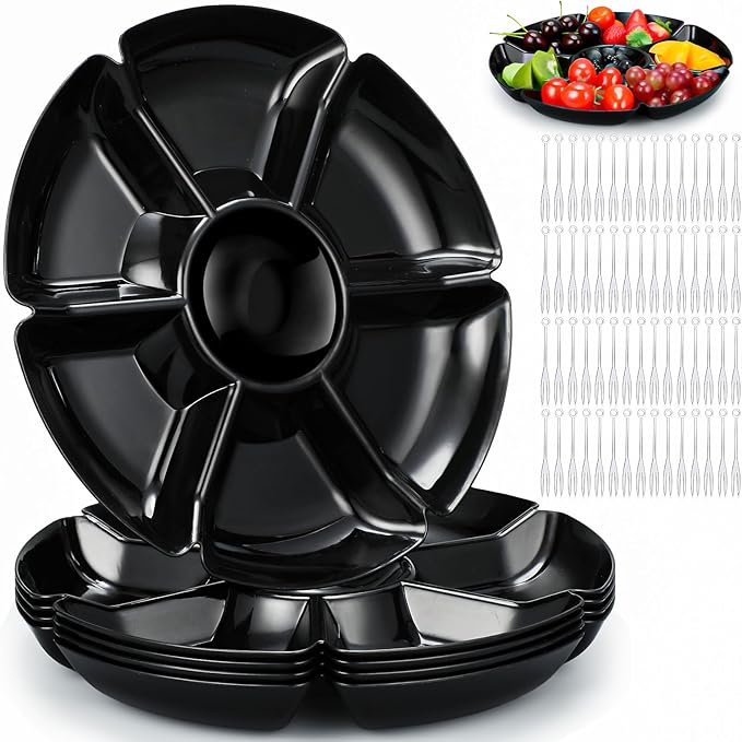 Zhehao 6 Pcs Plastic Divided Serving Trays with 60 Pcs Disposable Fork, 7 Compartments Round Chip Dip Plate, Petal Shape Platter, 10.6'' Snacks Serving Dish for Party Candy Nuts Fruits (Black)