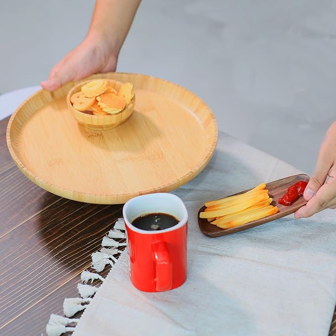 Bamboo Wooden Dinner Plates Set of 2, 12-inch Large Serving Tray for Cafes and Restaurant, Reusable Round Serving Platters and Trays for Snacks/Fruit for Entertaining and Party