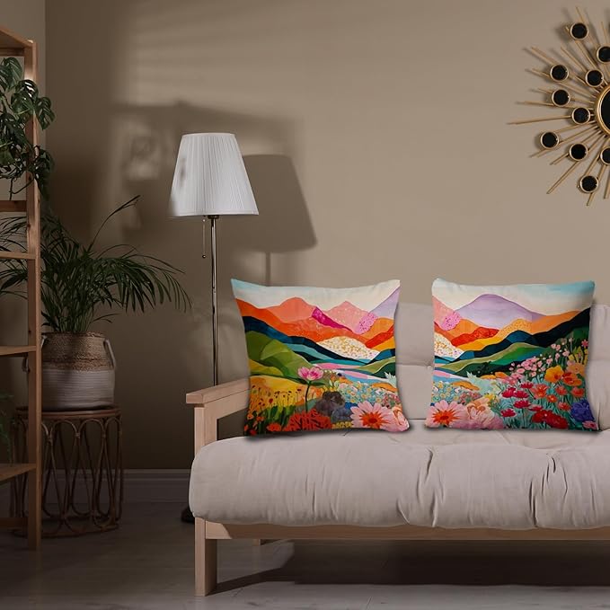 JINYO Abstract Mountain Pillow Covers 18x18 Set of 2, Abstract Mountain Floral Pillow Cases Watercolor Landscape Decorative for Home Bedroom Living Room Office Decor, Vintage Western Decor