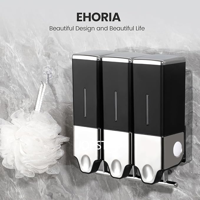 3-in-1 Quadrate Dispensers for The Shower,Shower soap Dispenser,Conditioner Dispenser, Shampoo Dispenser,No Drilled Wall Mounted Distributor,Hotel,Bathroom,Home (Triple, Black)