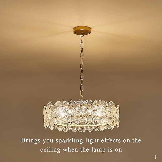 Modern Clear Flower Glass Chandelier 20" Elegant 6 Lights Gold Chandelier Light Fixture Luxury for Living Dining Room Kitchen Entryway Bedroom Foyer, E12
